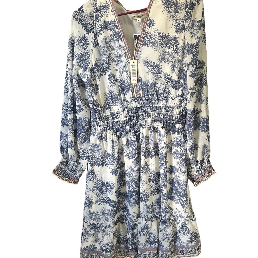 Max Studio Blue and White Long Sleeve Dress